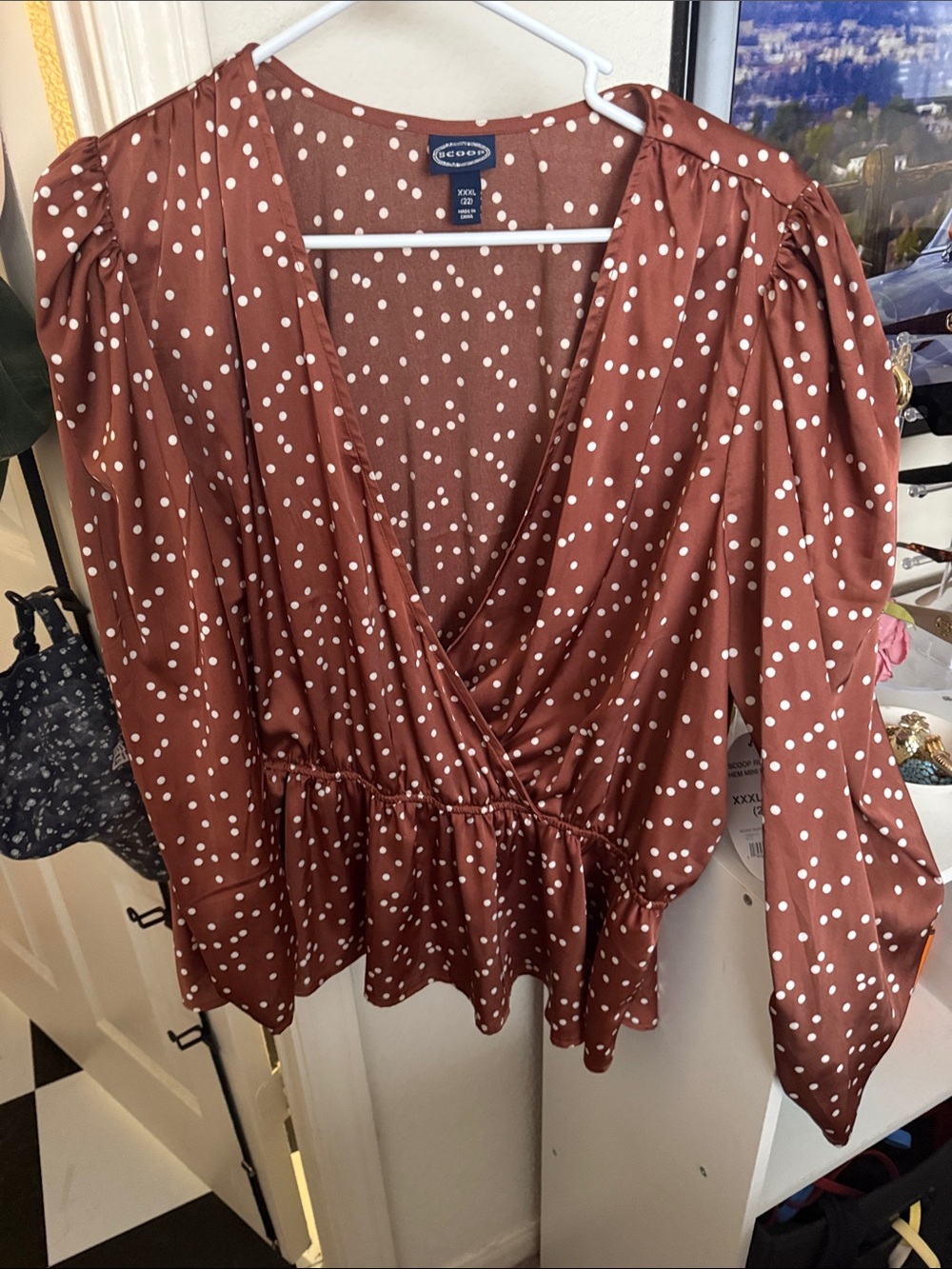 Lush Rust Brown Polka Dot Surplice Peplum Blouse